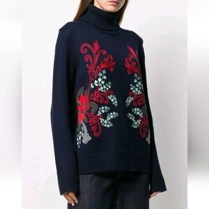 NWOT Tory Burch Jacquard Embroidered Turtleneck Wool Sweater Floral Navy Blue S
